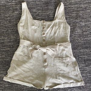 Tan linen Romper with waist tie